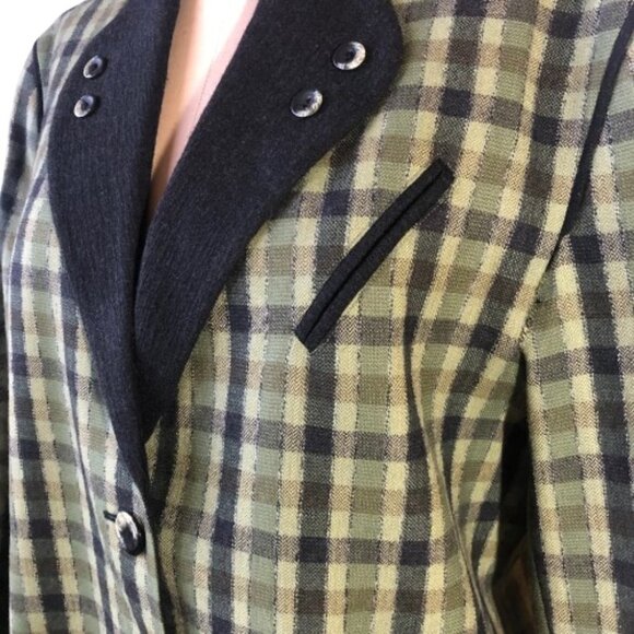 Vintage 90s wool checkered olive green and black blazer jacket, Plus size - Picture 4 of 16